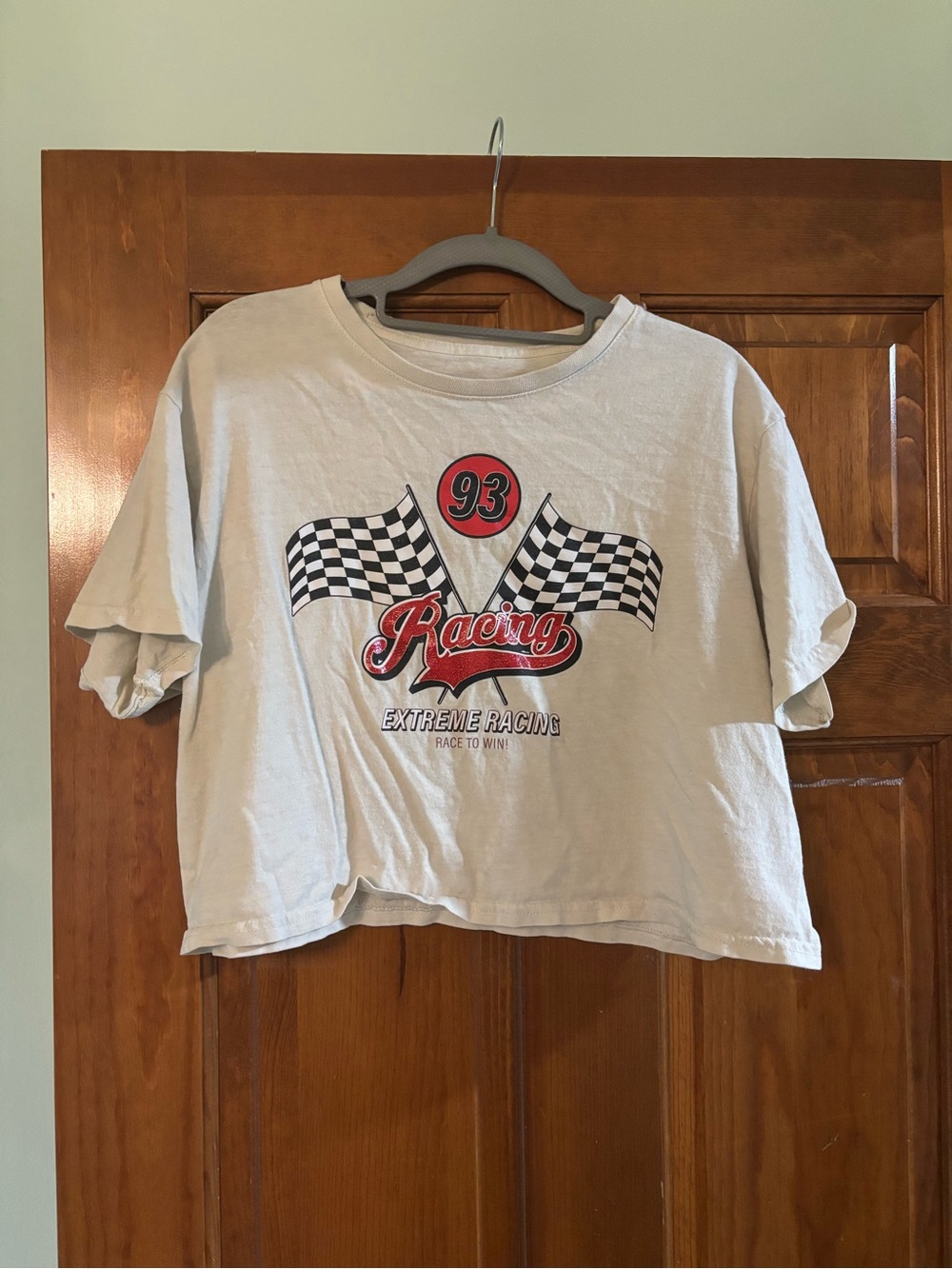 Cropped Racing Graphic Tee in Light Gray
